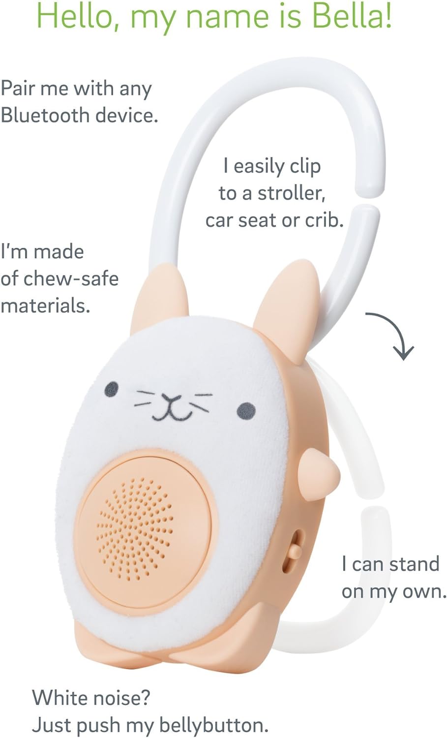 SoundBub by WavHello,Máquina de ruído branco e alto-falante Bluetooth | Chupeta sonora para bebê portátil e recarregável - Bella The Bunny, branca