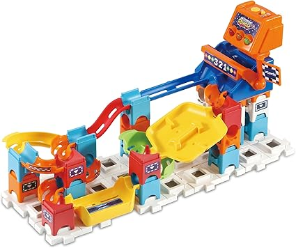 VTech Marble Rush Juego de construcción y caja de almacenamiento, juego de construcción para niños, 5 canicas y 62 piezas de construcción, pista de canicas con lanzador, juguete de construcción, juego de pistas para mayores de 4, 5 y 6 años