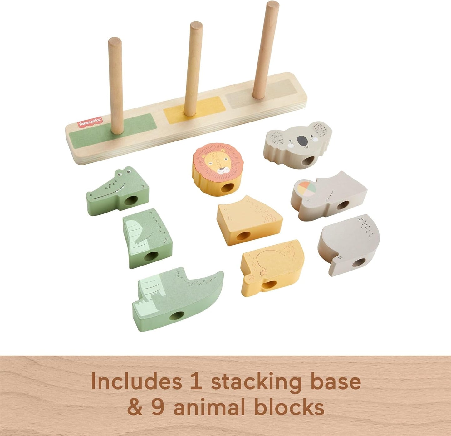 Fisher-Price Baby & Toddler Toy Wooden Stack & Sort Animals, 10 Wood Pieces for Developmental Play Ages 1+ Years,