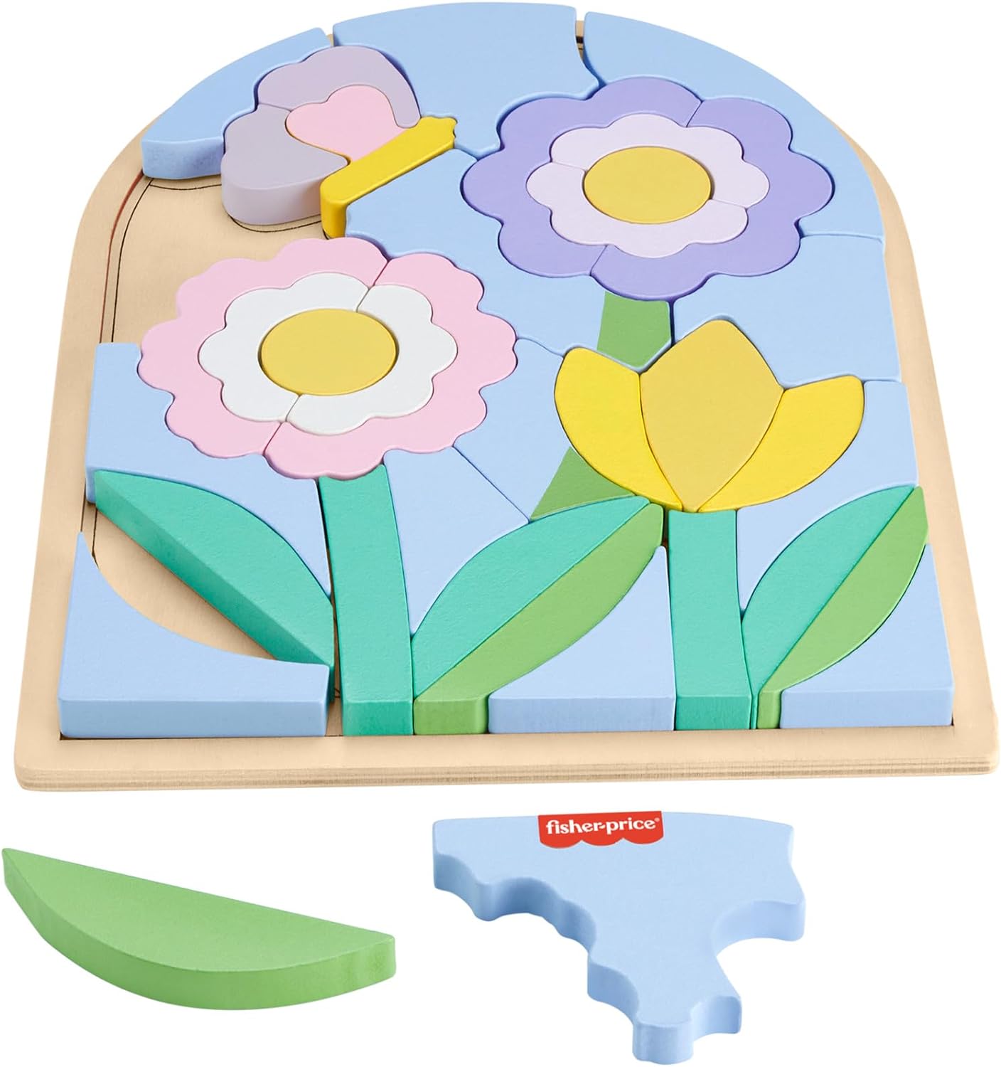 Fisher-Price Quebra-cabeça de flores de madeira para brinquedo pré-escolar, conjunto de empilhamento de madeira de 37 peças para jogos de desenvolvimento com mais de 3 anos de idade, HXT97