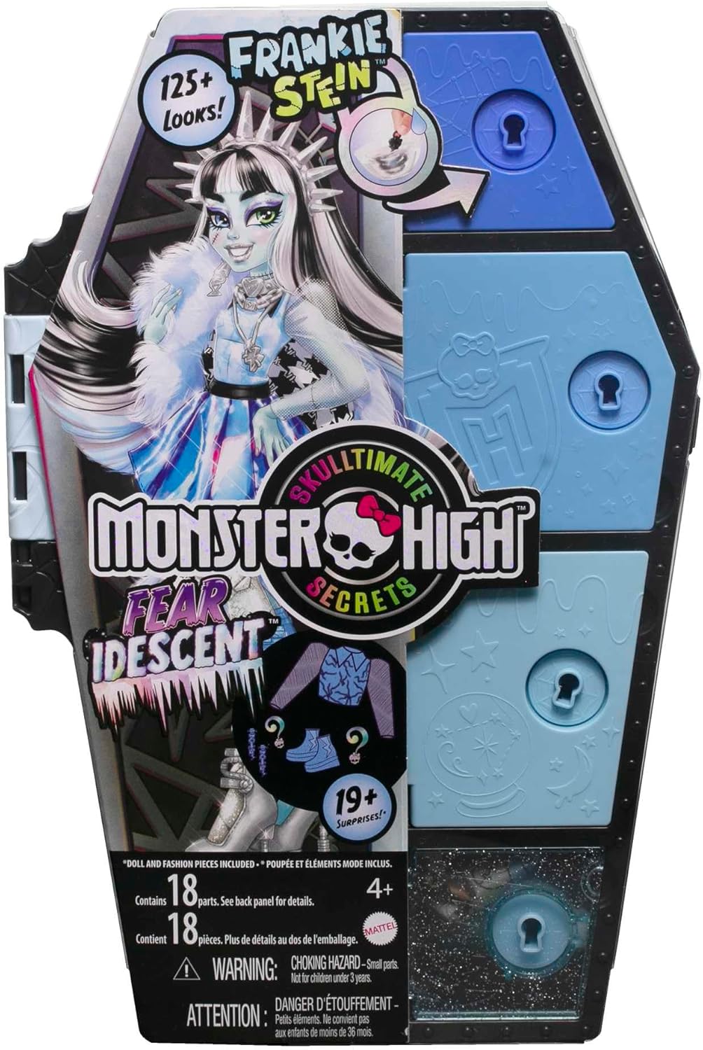 Monster High Boneca e conjunto de moda, Frankie Stein, Skulltimate Secrets: Fearidescent Series, armário de vestir com mais de 19 surpresas, HNF75