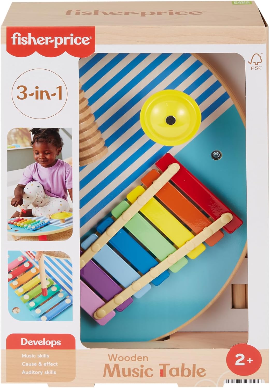 Fisher-Price Mesa musical de madeira de brinquedo para crianças com instrumentos de percussão, 3 peças de madeira para brincadeiras de desenvolvimento para crianças em idade pré-escolar com mais de 2 anos