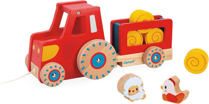 Janod - Trator Pull-Along - Brinquedo de aprendizagem precoce - 1 trator infantil + 6 acessórios - Rodas silenciosas - Desenvolve habilidades motoras - Brinquedo de madeira FSC - 12 meses +