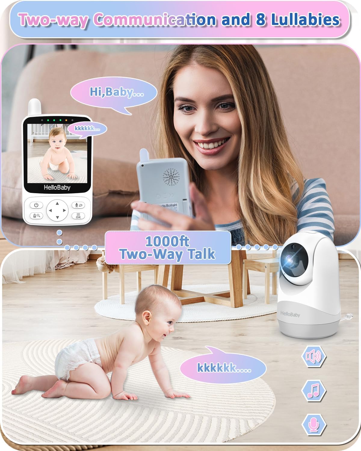 HelloBaby Monitor de bebê, bateria com duração de 29 horas, monitor de bebê com câmera e visão noturna, sem Wi-Fi, câmera remota Pan Tilt de 355 °/120 ° Zoom 2x, modo ECO, exibição de tempo, conversa bidirecional, até 1000 pés, temperatura