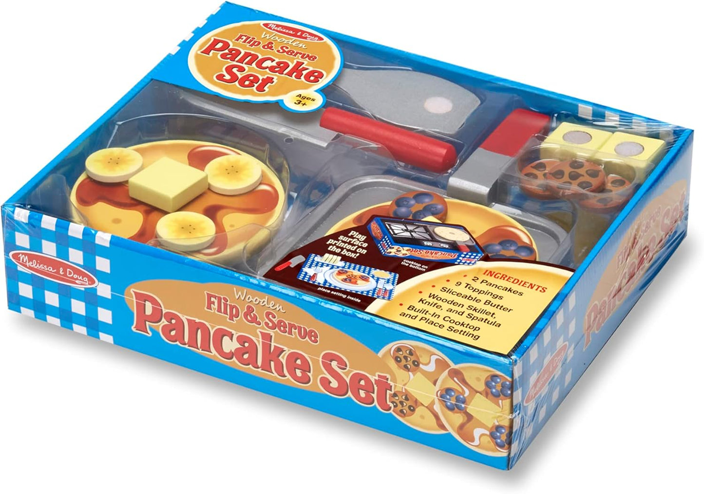 Melissa &amp; Doug Flip and Serve Pancake Set (19 piezas) - Comida de madera para desayuno, color marrón