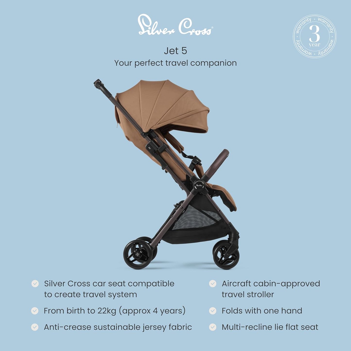 Silver Cross - Cochecito compacto Jet 5 - Cochecito de viaje - Cochecito/sistema de viaje plegable y ligero - Tamaño de cabina - Compatible con asiento de coche - Recién nacido hasta 4 años - Canela