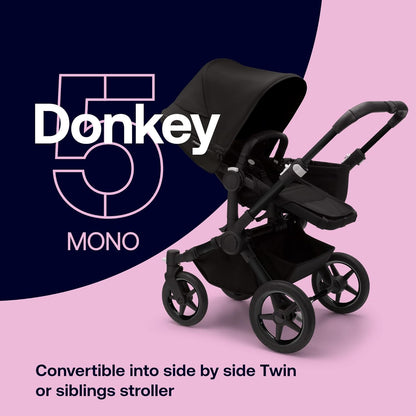 Bugaboo Donkey 5 Mono, Convertible en Cochecito Doble Side-by-Side, Diseño Mejorado, Asiento Reversible, Dirección con Una Mano y Cesta Lateral, Negro Medianoche