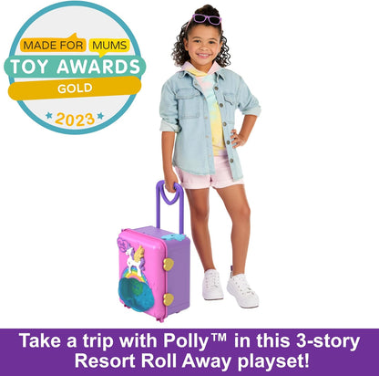 Polly Pocket Pollyville, Playset Resort Roll Away com Rodas Rolantes, 5 Áreas de Recreação e Micro, Playset Tiny Power Seashell Purse, Bolsa Purple Shell, Tema Sereia