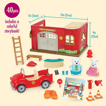 Li'l Woodzeez WZ6828SZ Li’l Woodzeez – Quartel de bombeiros de brinquedo – Conjunto de estatuetas de animais – Caminhão e acessórios – Livro de histórias incluído – 3 anos + – Honeysuckle Hollow Safety Department-Deluxe, Multi