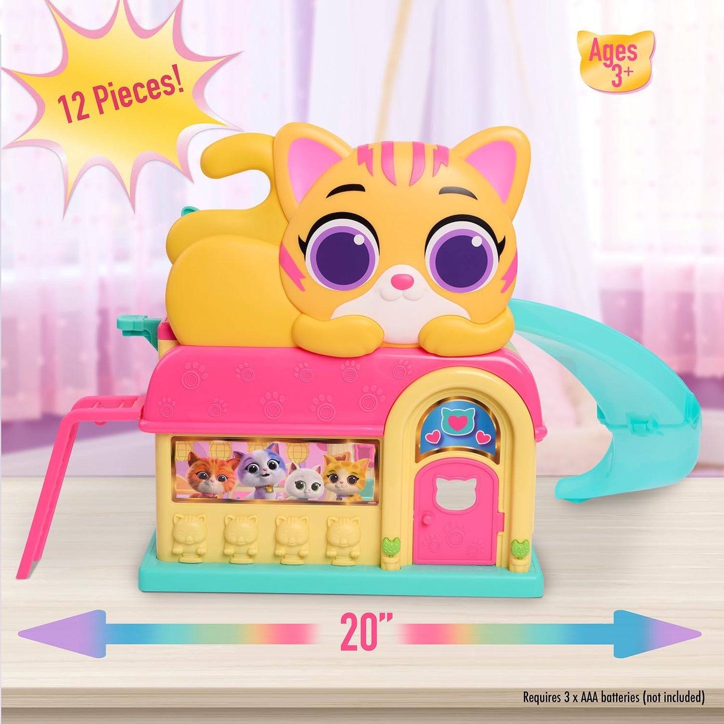 Just Play Disney Junior SuperKitties Purr ‘N’ Play Playset e figuras, 12 peças, luzes e sons, brinquedos infantis para maiores de 3 anos