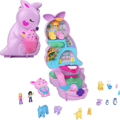 Polly Pocket Conjunto de brinquedo de viagem 2 em 1, brinquedo animal com 2 bonecas e acessórios, bolsa canguru Mama & Joey grande compacto