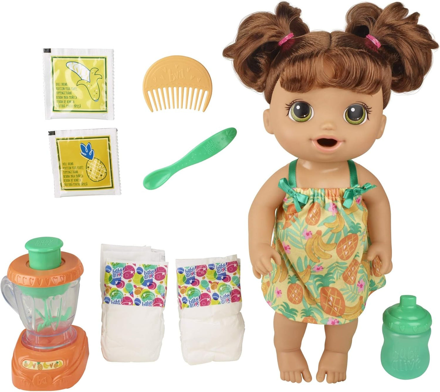 Muñeca Baby Alive Magical Mixer Tropical Treat con accesorios para licuadora, bebidas, remojos, comidas, juguete de cabello castaño para niños a partir de 3 años