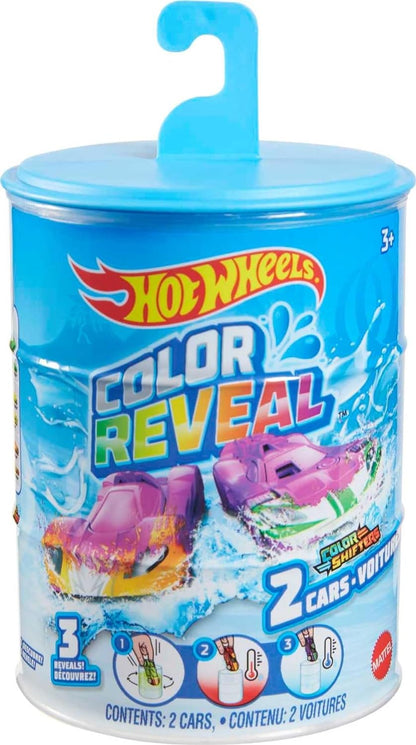 Hot Wheels 2 carros de brinquedo, veículos de brinquedo com revelação de cores em escala 1:64, inclui 2 shifters de cores, 3 revelações em água quente e fria, carros para crianças de 3 anos ou mais, os estilos podem variar, GYP13