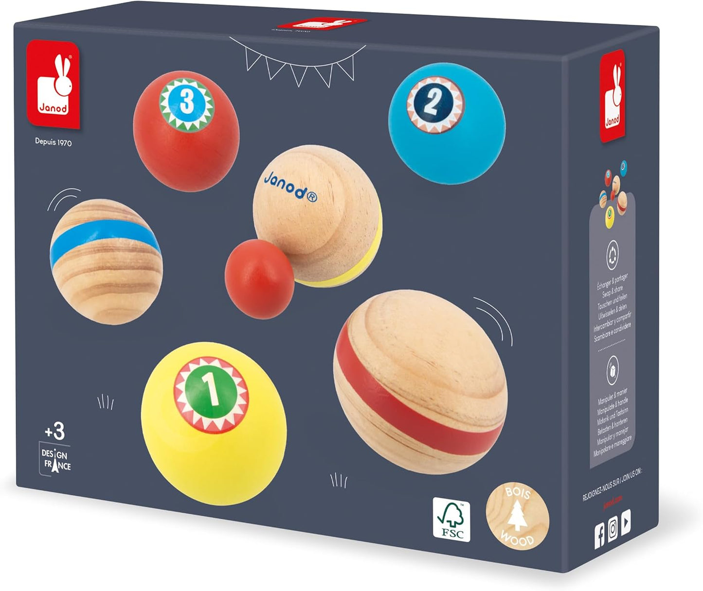 Janod - Conjunto de bocha infantil Applepop, jogo de habilidade - 6 bolas de bocha + 1 valete + 1 bolsa - Jogo infantil ao ar livre - Brinquedo de madeira FSC - 3 anos +,