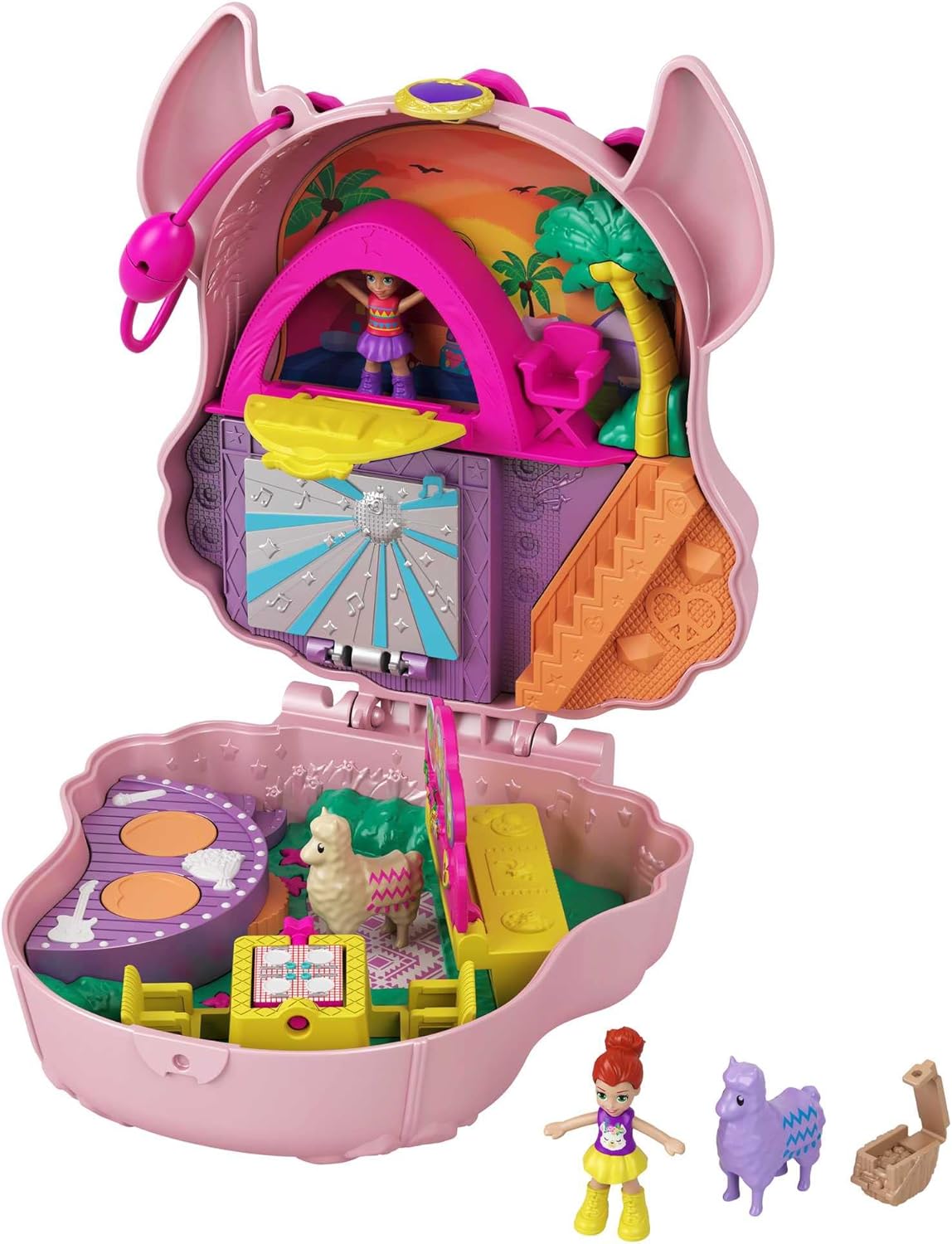 Polly Pocket Llama Music Party Compact com palco, pista de dança giratória, 4Y +, GKJ50 e Pocket World Flamingo Floatie Compact com surpresa revela, micro bonecos e acessórios