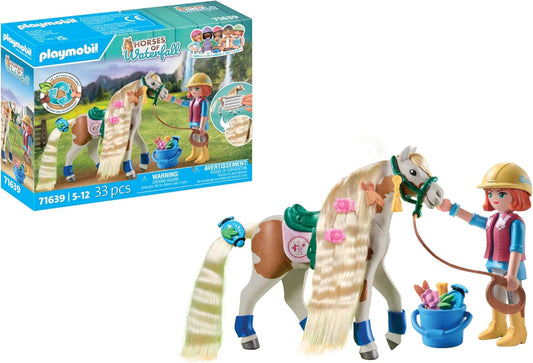 Playmobil 71639 Cavalos da Cachoeira: Ellie com Cavalo, incluindo acessórios de cabelo para penteados de cavalo criativos e duas pulseiras de silicone reais, conjuntos de jogos sustentáveis adequados para crianças a partir de 5 anos