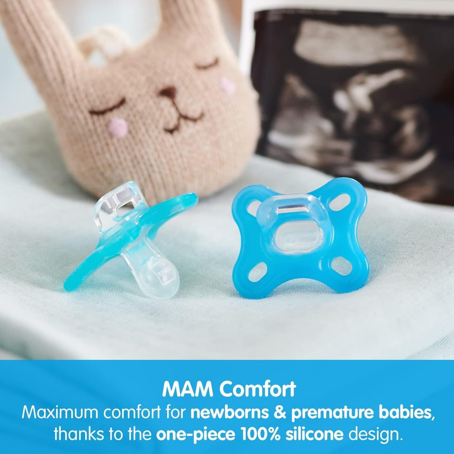 MAM Chupetas Comfort totalmente em silicone de 3 a 12 meses - tamanho 2 (pacote com 2), chupeta leve para bebês, itens essenciais para recém-nascidos com estojo autoesterilizante, cinza (os designs podem variar)