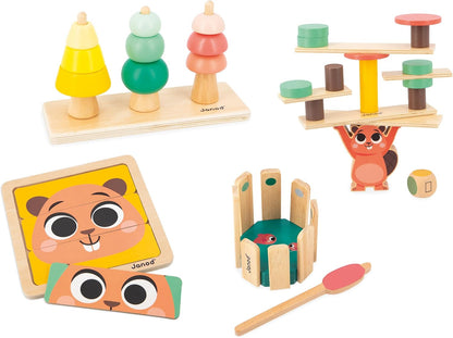 Janod - Caixa de jogos para bebês - 36 meses +, brinquedos infantis de aprendizagem precoce - quebra-cabeças e atividades práticas - brinquedos de atividade psicomotora e desenvolvimento - brinquedo para crianças a partir de 3 anos, J04066