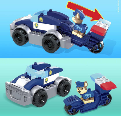 Mattel Mega Bloks PAW Patrol Chase's City Police Cruiser, 1 figura articulada de Chase, 30 mini blocos de construção, brinquedos de construção para crianças, maiores de 3 anos, GYJ00,