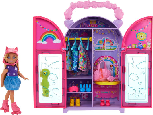 Barbie Chelsea Doll & Closet Toy Playset com 15 peças de roupas e acessórios incluídos, conjunto dobrável para brincar e armazenar em qualquer lugar, HXN03