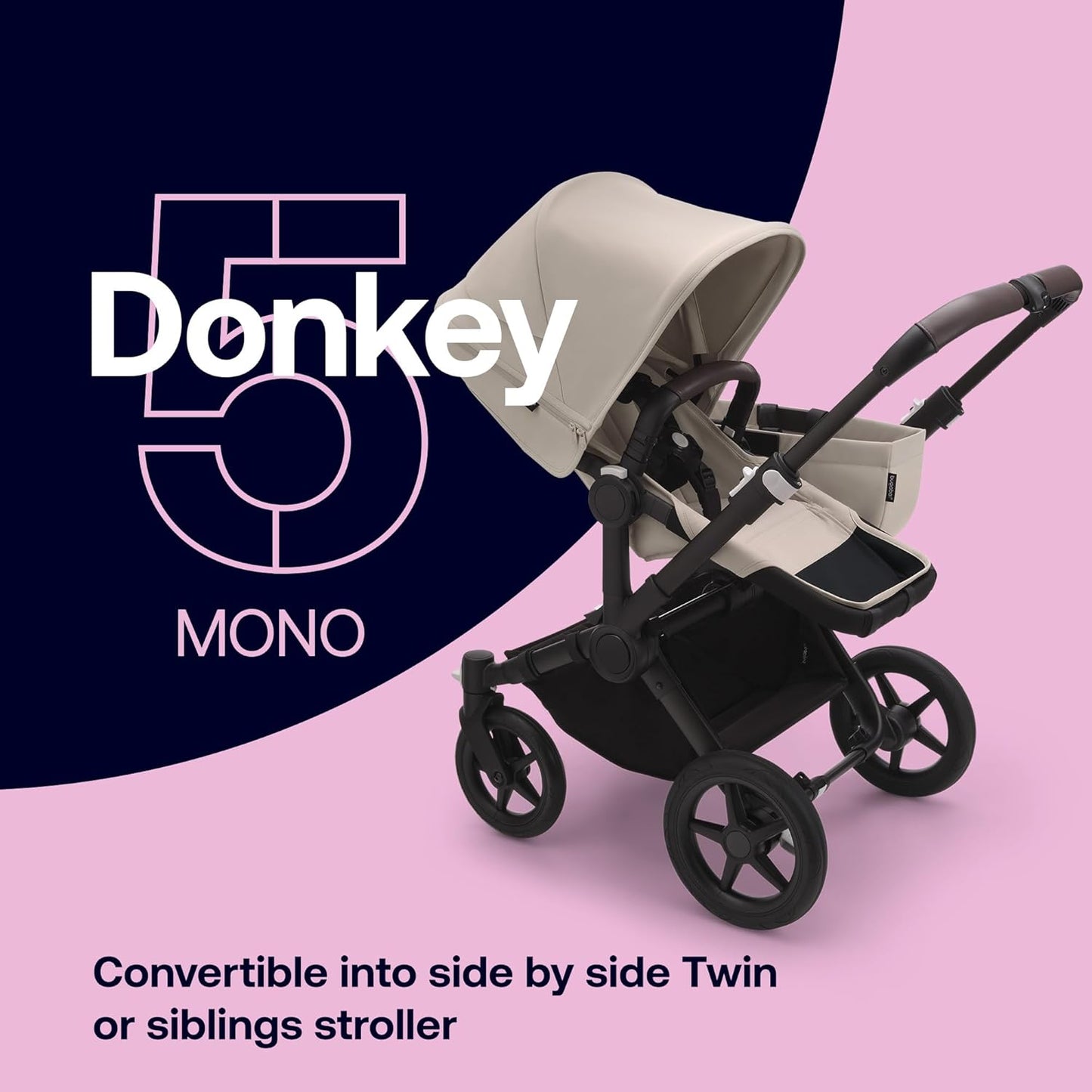 Bugaboo Donkey 5 Mono, conversível em carrinho duplo lado a lado, design aprimorado, assento reversível, direção com uma mão e cesta lateral, Desert Taupe