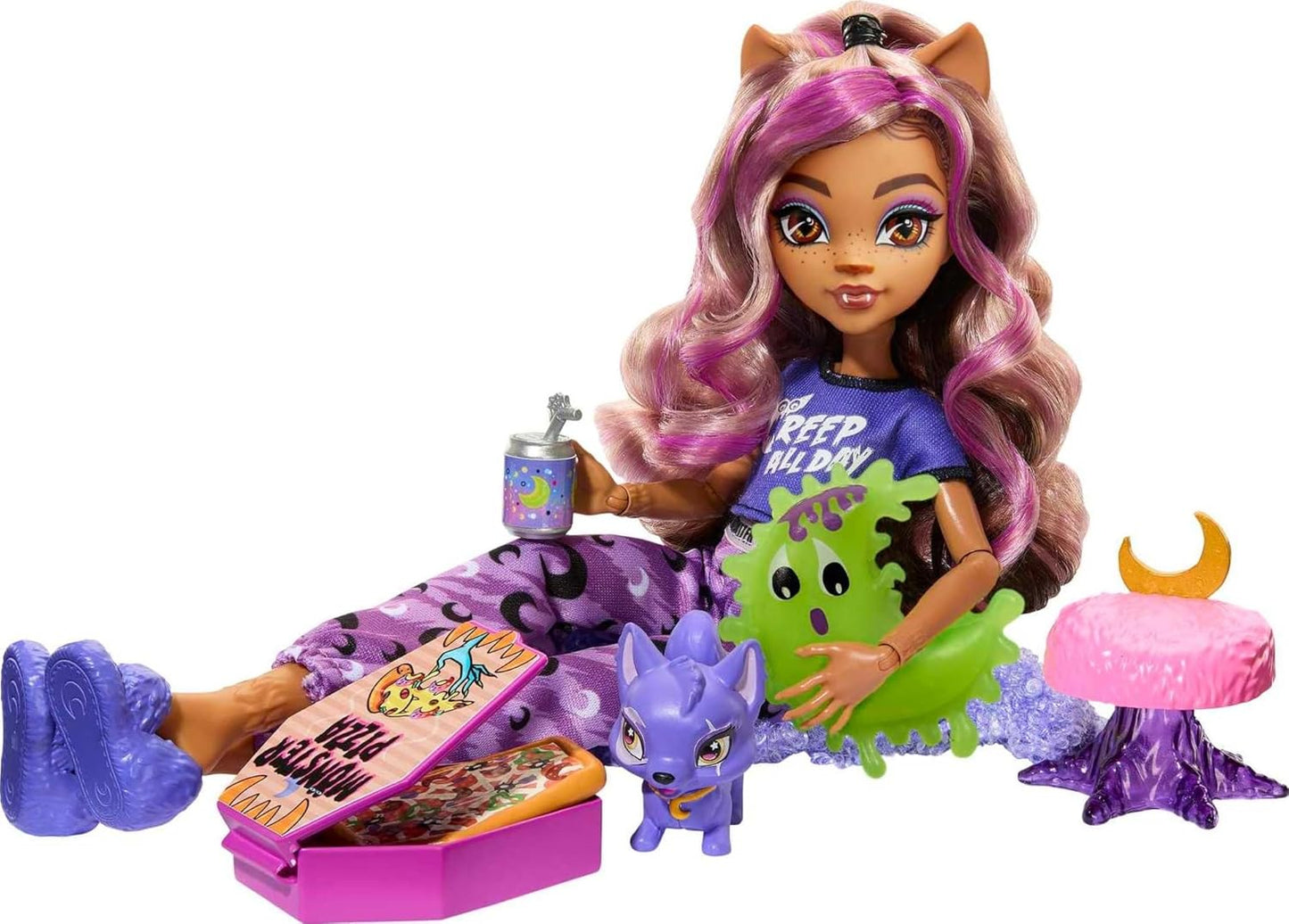 Monster High Boneca e acessórios para festa do pijama, boneca Clawdeen Wolf com cão de estimação crescente, festa Creepover, HKY67