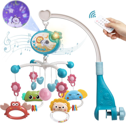 Mini Tudou Baby Musical Crib Mobile com projeção de estrelas e função de temporização, caixa de música com controle remoto com música e luzes noturnas, chocalhos de animais giratórios suspensos para crianças, brinquedo para recém-nascidos de 0 a 24 meses