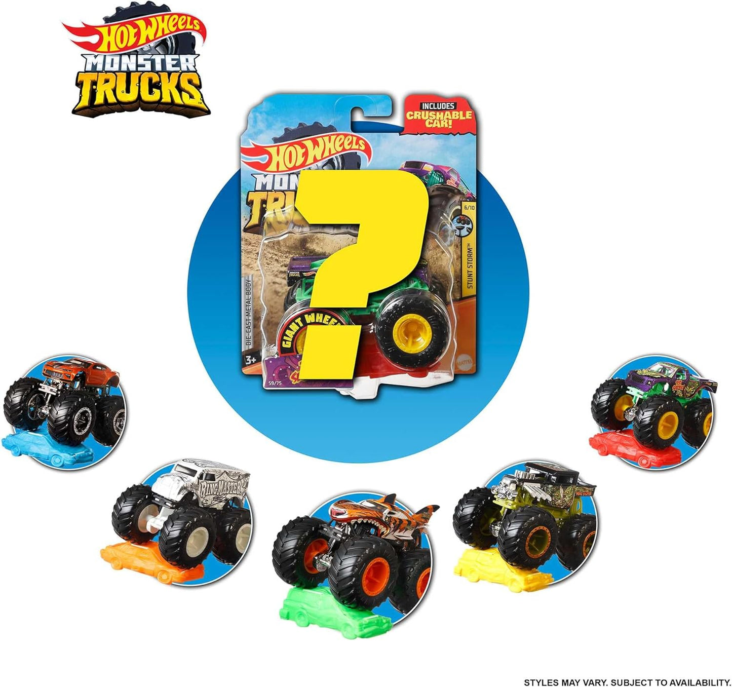 Hot Wheels Monster Trucks, caminhão de brinquedo fundido em escala 1:64 e 1 carro esmagável, rodas gigantes e decoração estilizada, FYJ44