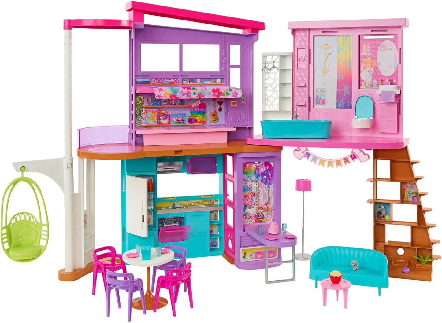 Barbie Casa de férias, casa da Barbie totalmente mobiliada de 2 andares com 6 áreas de recreação, cadeira de balanço com elevador, 30 acessórios, dobrar e guardar, brinquedos para maiores de 3 anos, uma casa de brinquedo, HCD50