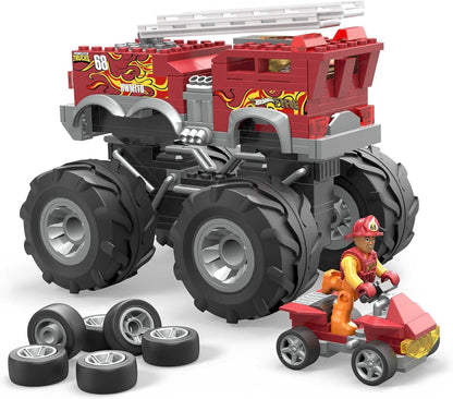 MEGA Conjunto de brinquedos para construção de caminhão monstro Hot Wheels, caminhão de bombeiros com 5 alarmes com 284 peças e rodas gigantes, 1 microfigura de ação, vermelho, idade 5 anos ou mais, HHD19