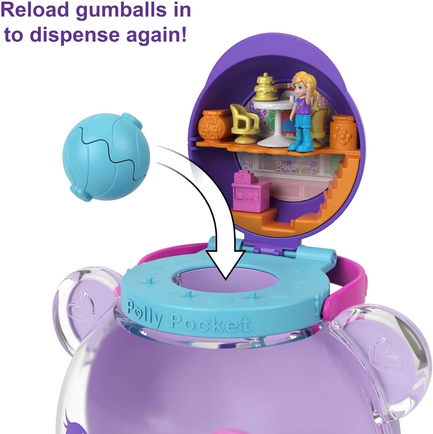 Polly Pocket Gumball Bear Playset, 4 espaços para brincar, 32 peças para brincar: 2 bonecas, chicletes não comestíveis e recurso de chicletes recarregáveis, 4 anos ou mais