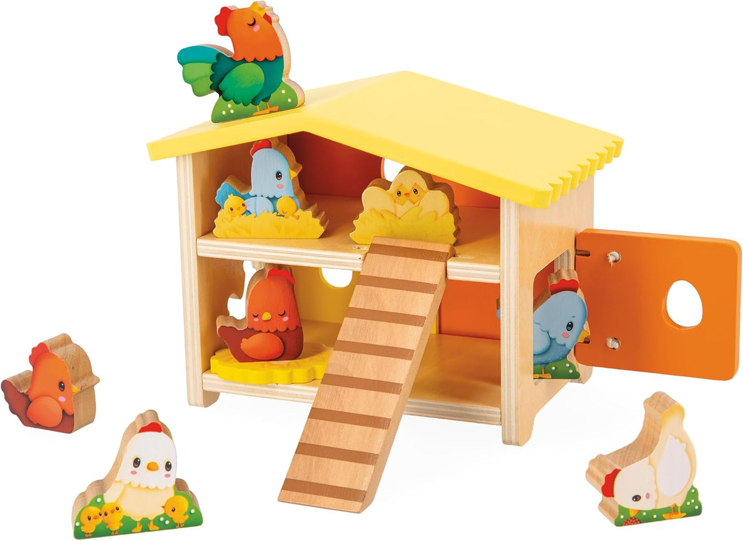 Janod First Children’s Pretend Play Toy-1 Galinheiro + 9 Galinhas + 1 Escada-Jogo de Madeira FSC-Desenvolve Destreza e Imaginação-18 Meses +, J03311, Multicolor