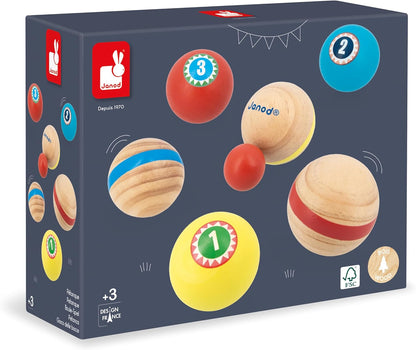 Janod - Conjunto de bocha infantil Applepop, jogo de habilidade - 6 bolas de bocha + 1 valete + 1 bolsa - Jogo infantil ao ar livre - Brinquedo de madeira FSC - 3 anos +,