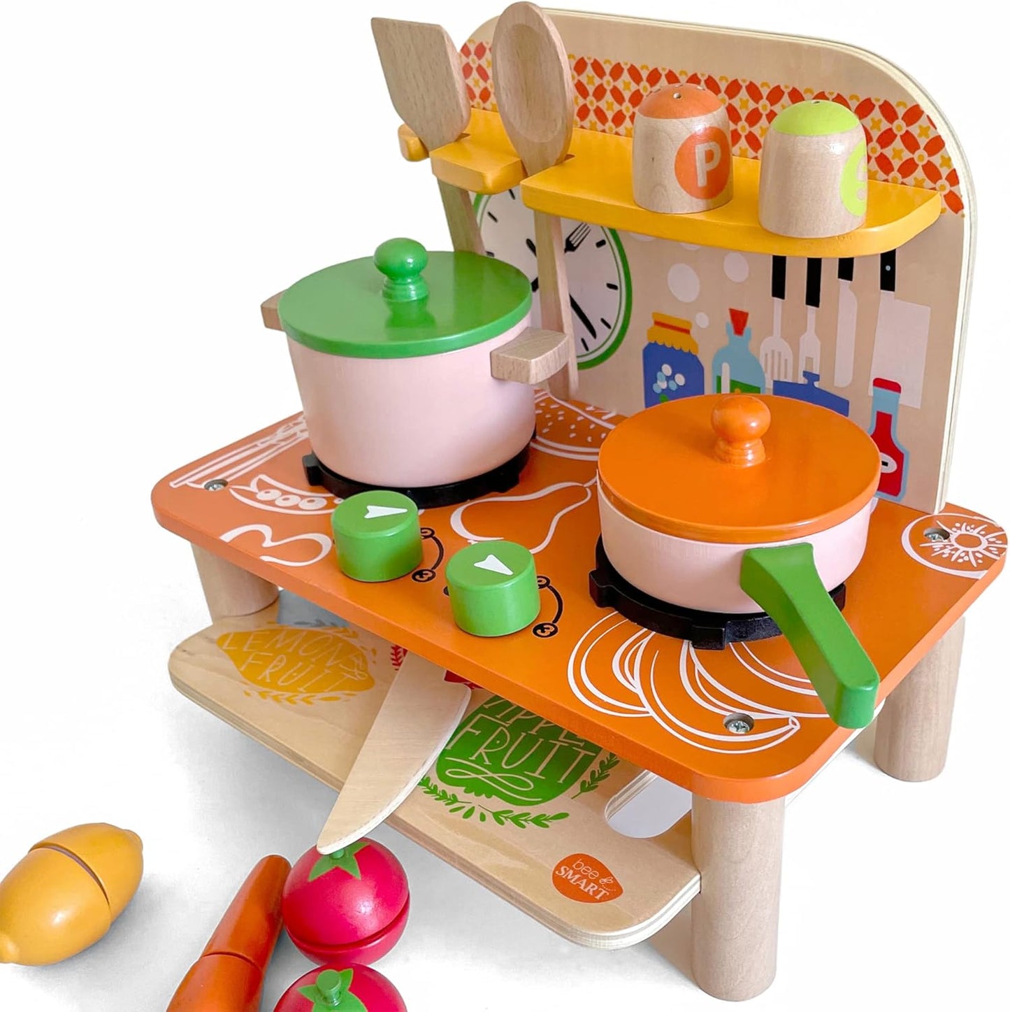 Bee Smart Wooden Kitchen Toy Set | Kids Pretend Playset With Pots, Pans, Food, Chopping Board & Utensils | Fruit & Vegetables Toy for Role Play & Imaginative Play