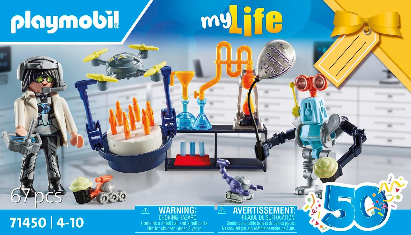 Playmobil 71450 Minha Vida: Pesquisadores com Robôs, festa com temática científica no laboratório, incluindo um drone de transporte e robôs, encenação divertida e imaginativa, conjuntos de jogos artísticos adequados para crianças a partir de 4 anos