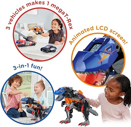 VTech Switch & Go Dinos Dino Launcher 2 em 1, brinquedo de dinossauro interativo com luzes e efeitos sonoros, transformando 2 dinossauros em 1 super carro, para crianças 3, 4, 5, 6 +, versão em inglês