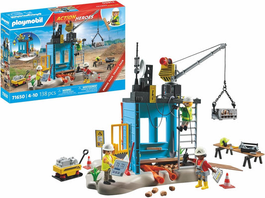 Playmobil 71650 Action Heroes: Construction Site Promo Pack, com três figuras, guindaste móvel e muitos extras adicionais, conjuntos de jogos detalhados adequados para crianças a partir de 4 anos