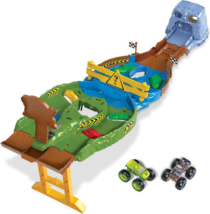 HOT WHEELS TOTAL Monster Trucks Wreckin’ Raceway Playset com Monster Trucks Bigfoot e Gunkster para competição frente a frente, brinquedo para crianças de 3 anos e OIder