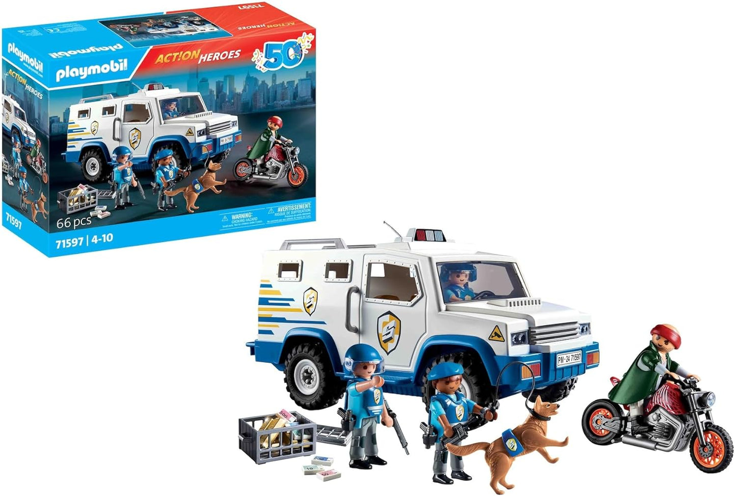 Playmobil 71597 Action Heroes: Police Money Transporter, thrilling heist chase, including three police officers, a crook on a motorcycle, and a police dog, play sets suitable for children ages 4+