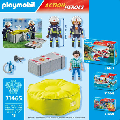 Playmobil 71465 Action Heroes: Bombeiros com almofada de ar, com capacetes, megafone e extintor de incêndio, encenação divertida e imaginativa, conjuntos de jogos detalhados adequados para crianças a partir de 4 anos