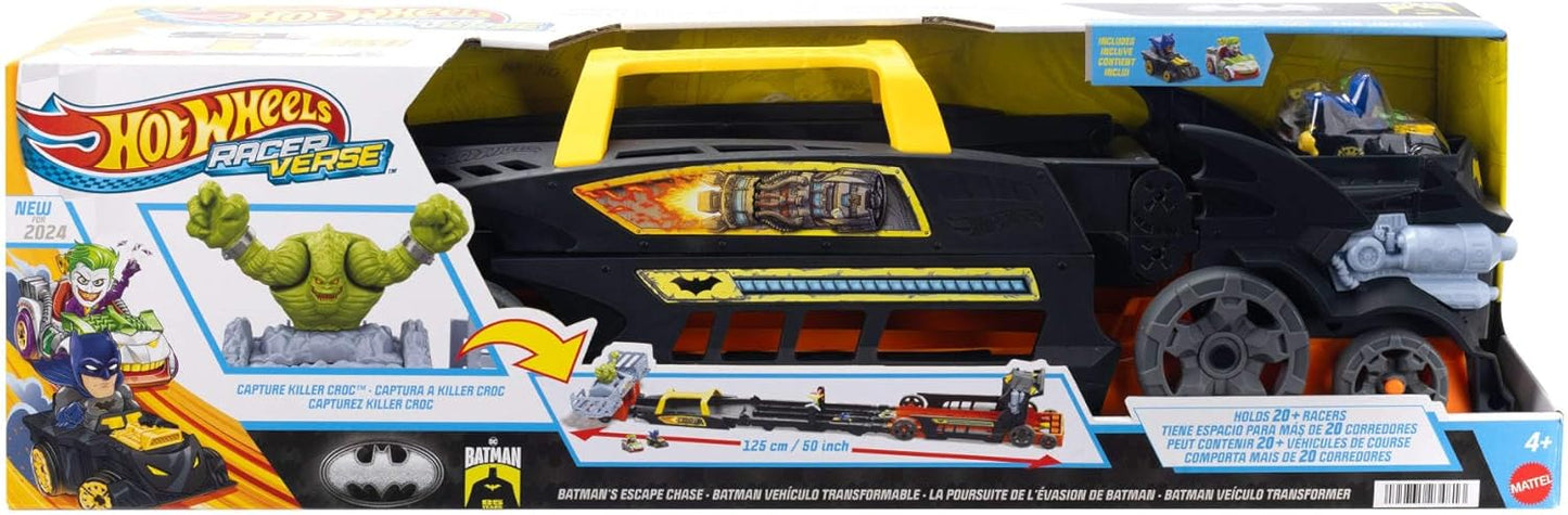 Hot Wheels Toy Cars &amp; Track, RacerVerse Batman's Escape Chase Vehículo a gran escala se transforma en una pista de carreras de 3 carriles con Batman y Joker fundidos