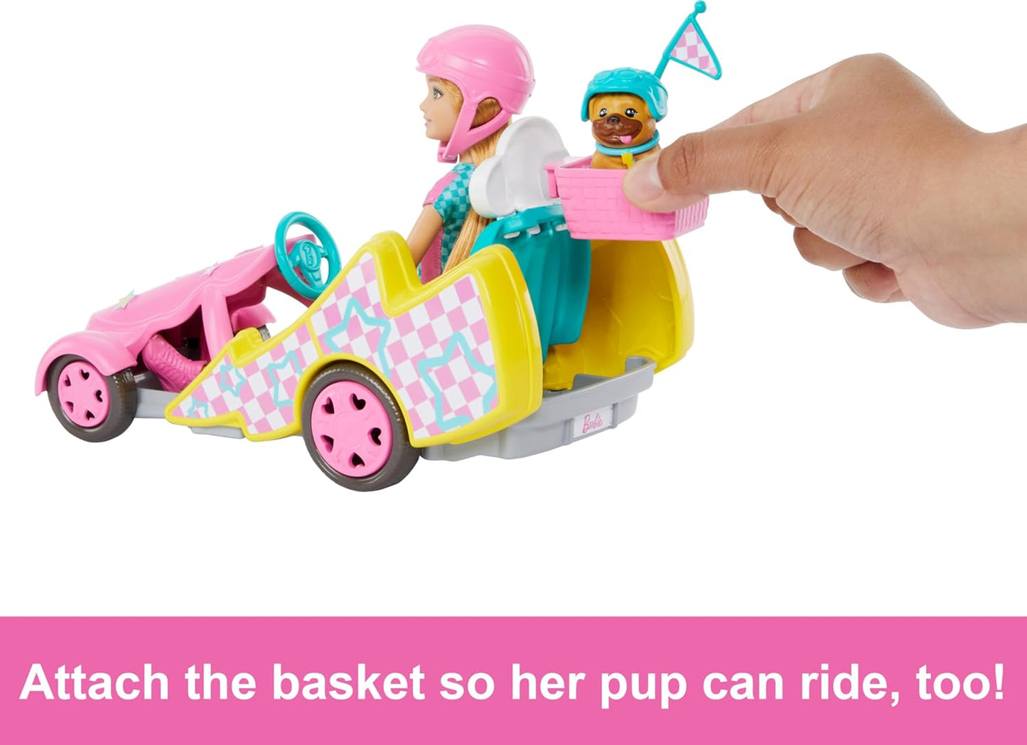 Barbie Boneca Stacie com carrinho de kart com rodas giratórias, cachorro, acessórios e folha de adesivos, conjunto de brinquedos de 9 peças, HRM08