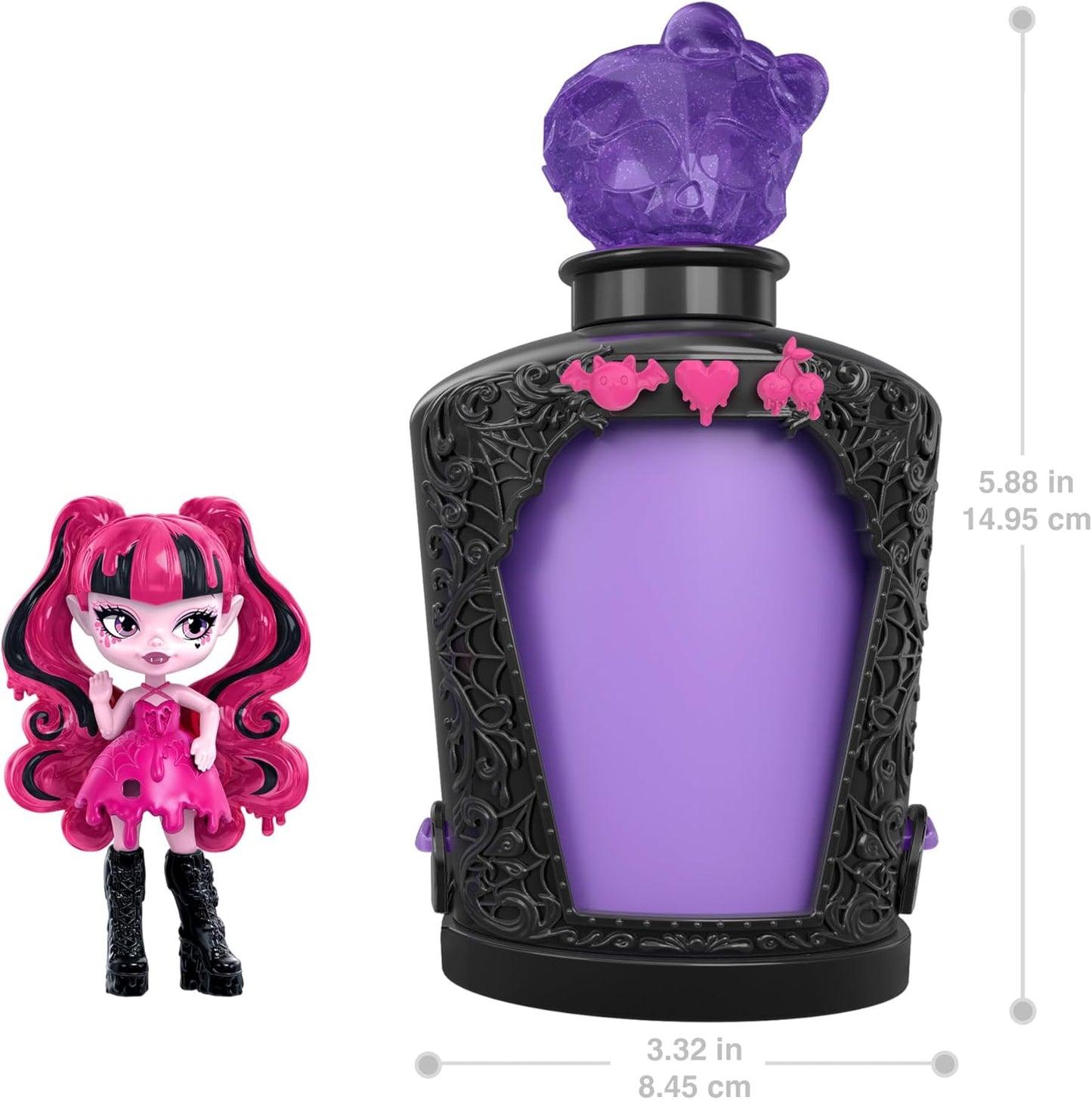 Monster High Mini bonecas e acessórios Potions, figuras de personagens surpresa de 3 polegadas em garrafa de exibição com revelação de água e amuletos