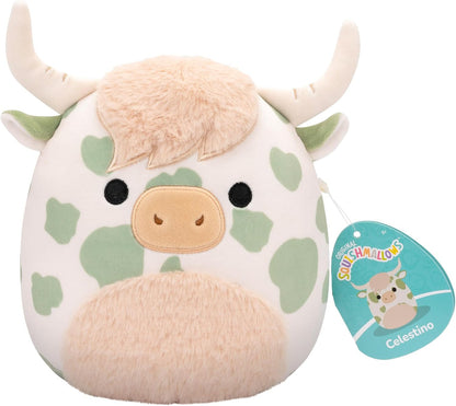 Squishmallows Original 7.5 pulgadas - Celestino, la vaca de las tierras altas con manchas verdes salvia