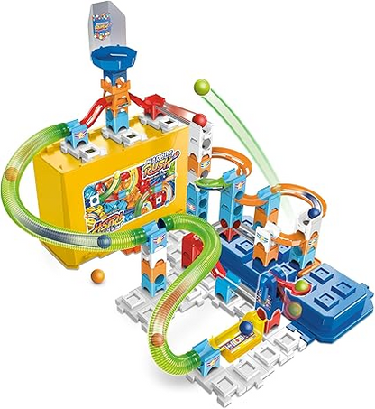 VTech Marble Rush Juego de construcción y caja de almacenamiento, juego de construcción para niños, 5 canicas y 62 piezas de construcción, pista de canicas con lanzador, juguete de construcción, juego de pistas para mayores de 4, 5 y 6 años