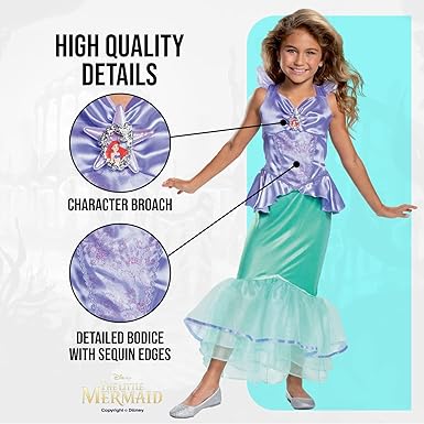 DISGUISE   Disney princesa oficial deluxe ariel traje crianças sereia cauda vestido, pequena sereia princesa vestir-se para meninas tamanho s