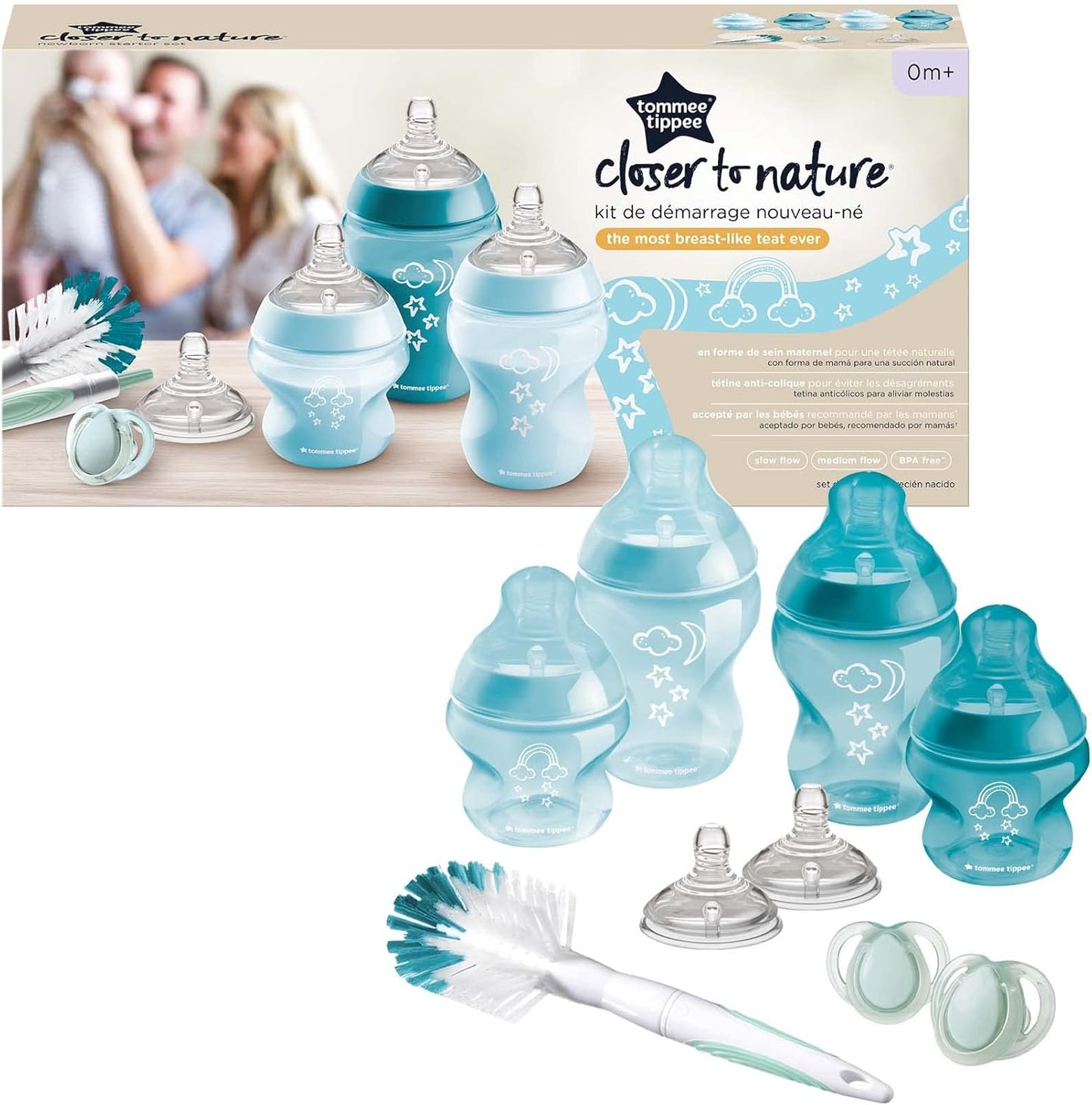 Tommee Tippee Closer to Nature Kit básico de biberón para recién nacido, tetinas similares a los senos con válvula anticólicos, tamaños mixtos, azul