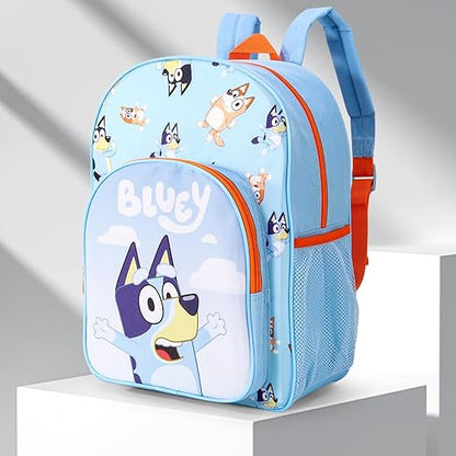 Bluey Mochila infantil premium mochila escolar mochila de viagem meninos meninas com bolso lateral de malha e bolso frontal com zíper