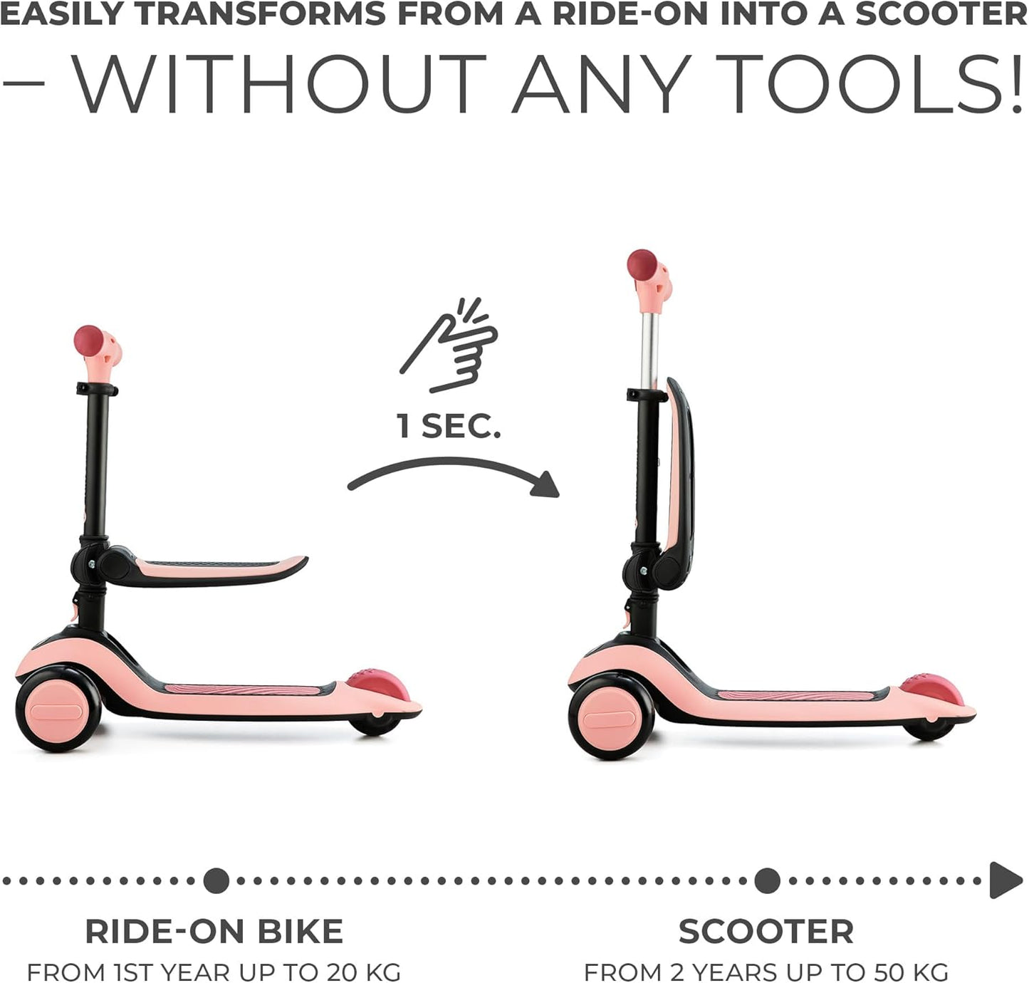 Kinderkraft Scooter Halley 2 em 1 para crianças de 1+ anos até 50 kg, scooter de 3 rodas, bicicleta de equilíbrio, fácil de dobrar, 2 rodas dianteiras piscantes, guidão ajustável, fácil de manusear, pesa apenas 3 kg, rosa