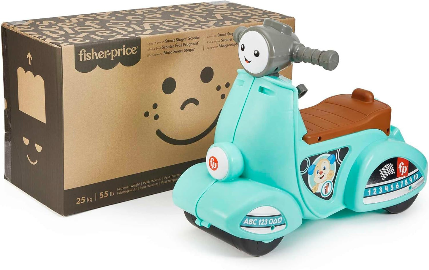 Fisher-Price Scooter de brinquedo para crianças da com conteúdo educacional de estágios inteligentes para brincadeiras de simulação, versão em vários idiomas, rir e aprender,